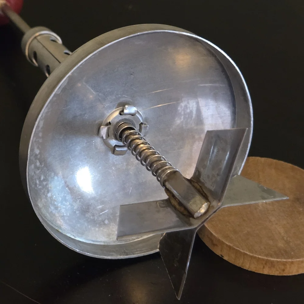 Vintage Hazel Atlas Glass Measuring Cup Nut Chopper Red Ball Handle + Wood Disk